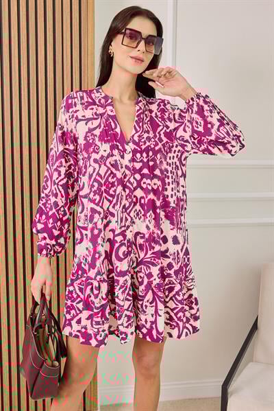 V Yaka Desenli Elbise - MOR