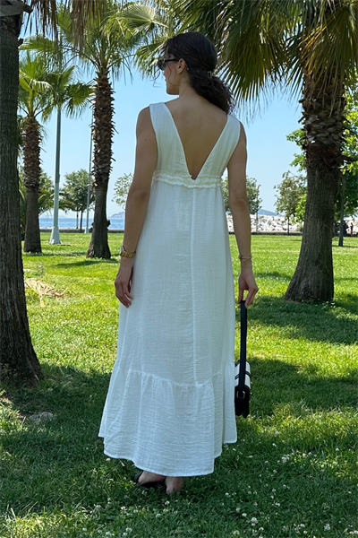 V Yaka Müslin Elbise - BEYAZ