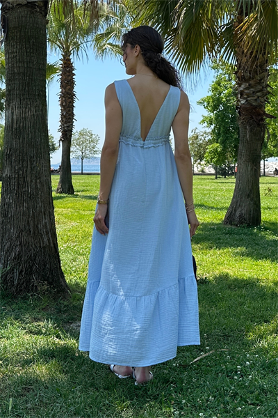 V Yaka Müslin Elbise - MAVİ