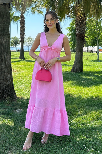 V Yaka Müslin Elbise - PEMBE