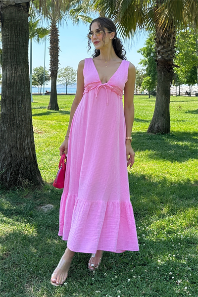 V Yaka Müslin Elbise - PEMBE