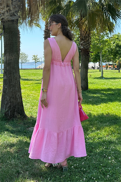 V Yaka Müslin Elbise - PEMBE