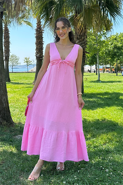 V Yaka Müslin Elbise - PEMBE