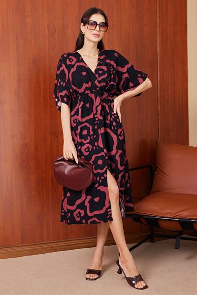 Viskon Desenli Elbise - BORDO