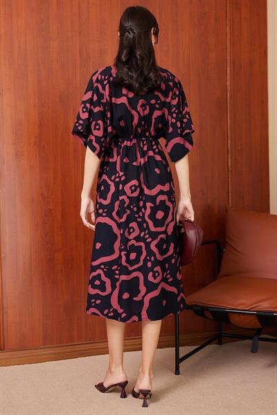 Viskon Desenli Elbise - BORDO