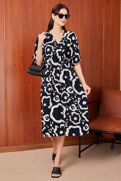 Viskon Desenli Elbise - LACİVERT