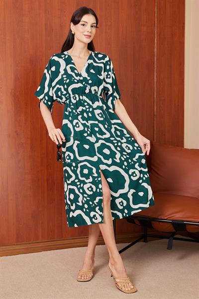 Viskon Desenli Elbise - YEŞİL