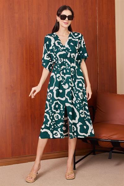 Viskon Desenli Elbise - YEŞİL