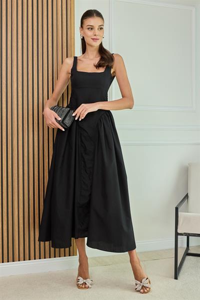 Volanlı Kuşaklı Elbise - SİYAH