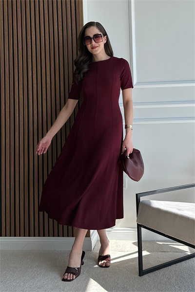 Volanlı Uzun Elbise - BORDO