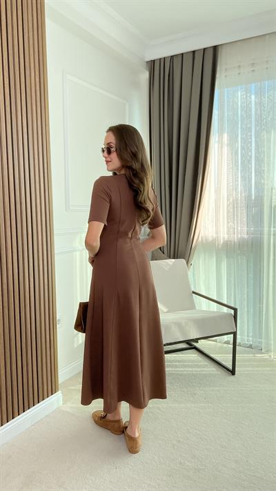 Volanlı Uzun Elbise - KAHVERENGİ