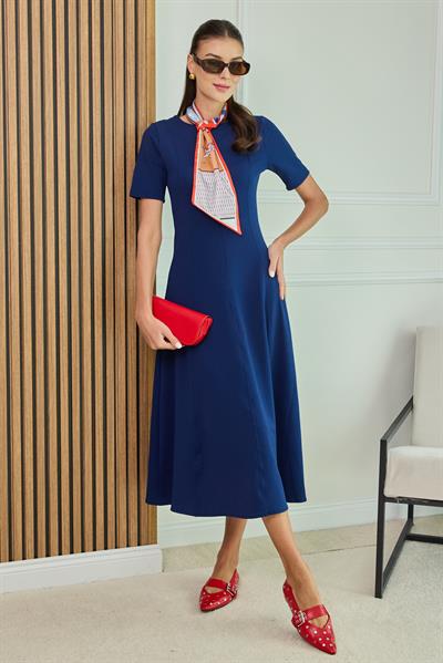 Volanlı Uzun Elbise - LACİVERT