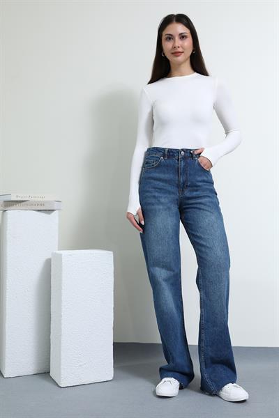 Yüksek Bel Denim Pantolon - MAVİ