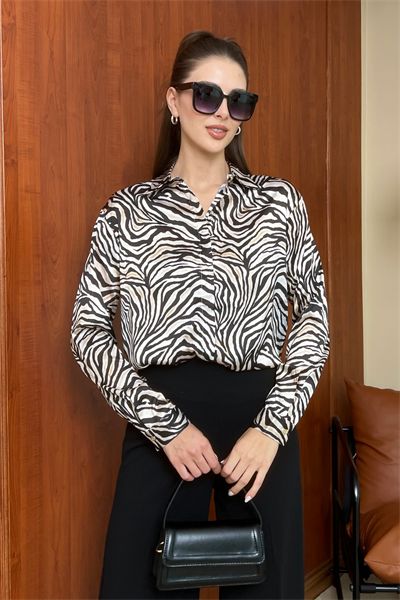 Zebra Desen Saten Gömlek - BEJ