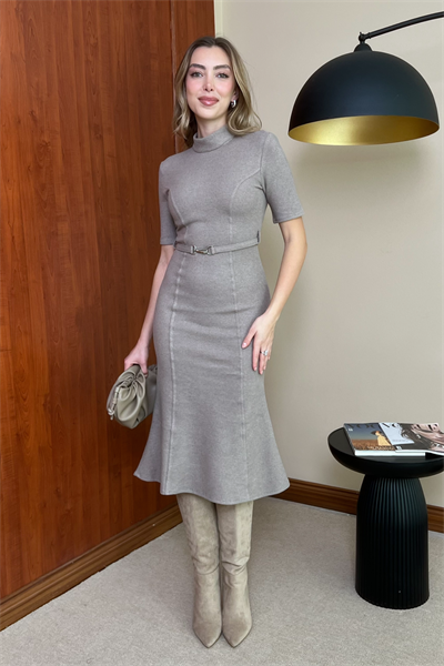 ZR Kemerli Elbise - KREM