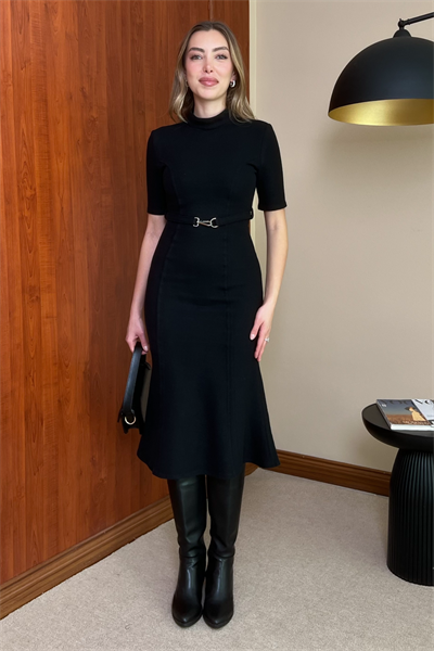 ZR Kemerli Elbise - SİYAH