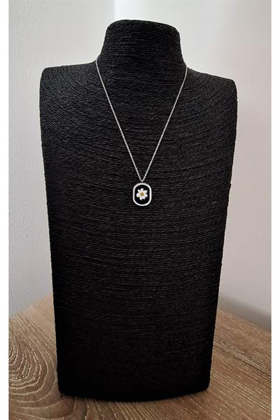Çelik Dikdörtgen Plaka Papatya Mineli Kolye (47 cm)