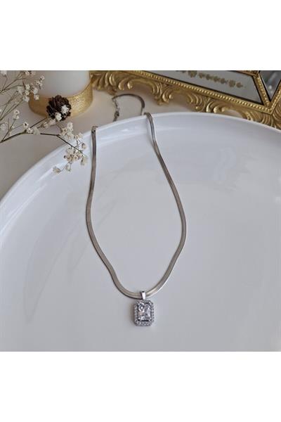 Çelik Zirkon Taşlı Baget Kolye (46 cm)