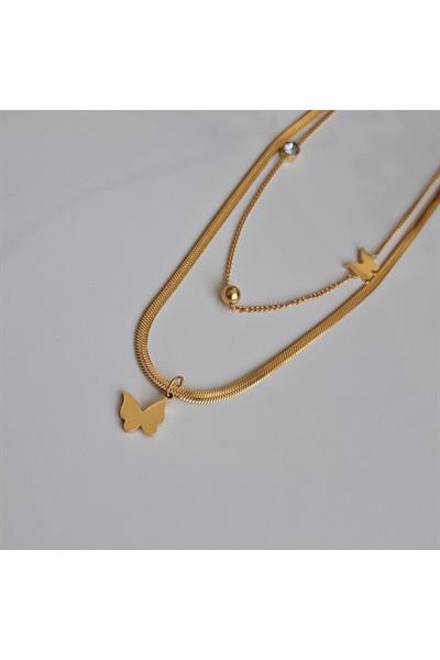 Çelik Zirkon Taşlı Kelebek Figür İtalyan Zincirli Çift Kolye (42 cm)
