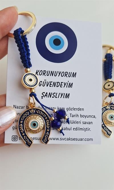 Hediyelik Bolluk Bereket Nal Nazar Boncuklu Anahtarlık - Lacivert - 10 cm