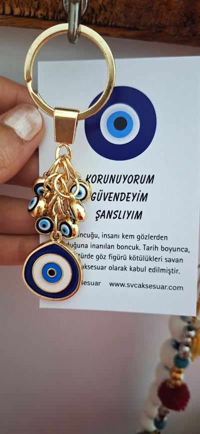 Hediyelik Çoklu Nazar Boncuklu Damla Model  Anahtarlık - Lacivert