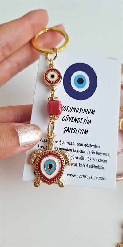 Hediyelik Nazar Boncuklu Şans Kaplumbağa Anahtarlık - Kırmızı - 10,5 cm