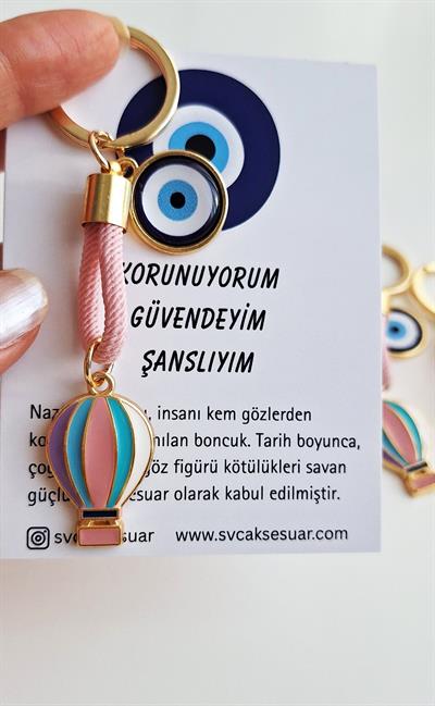 Hediyelik Özgürlük Simgesi Balon Nazar Boncuklu Anahtarlık - Pembe 9 cm