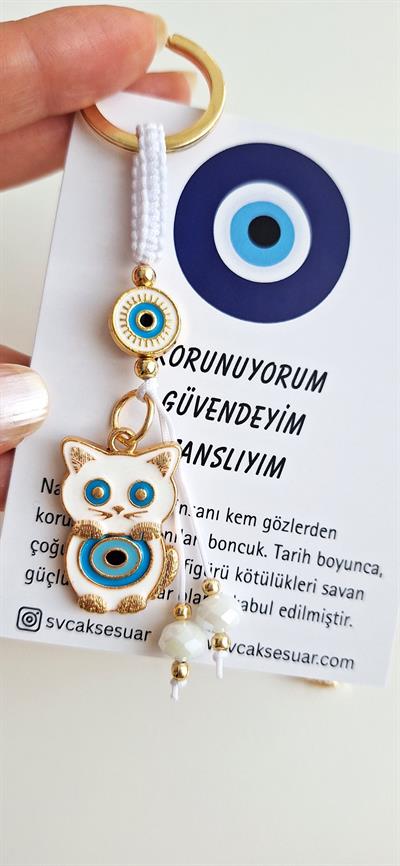 Hediyelik Pamuk Kedi Nazar Boncuku Anahtarlık - Beyaz - 11 cm