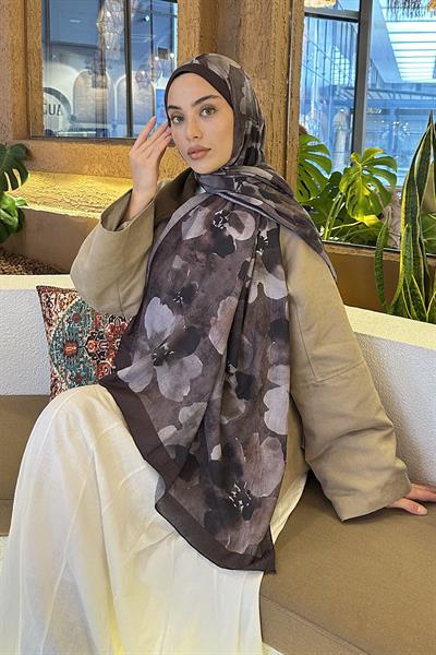 Batik Çiçek Desen Bambu Şal Acı Kahverengi