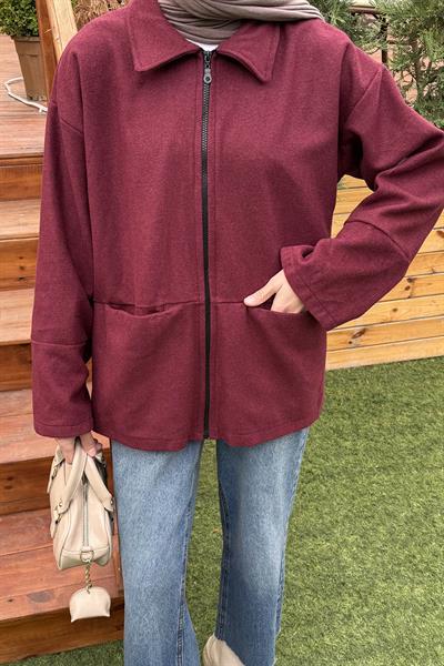 Fermuarlı Tesettür Ceket Bordo