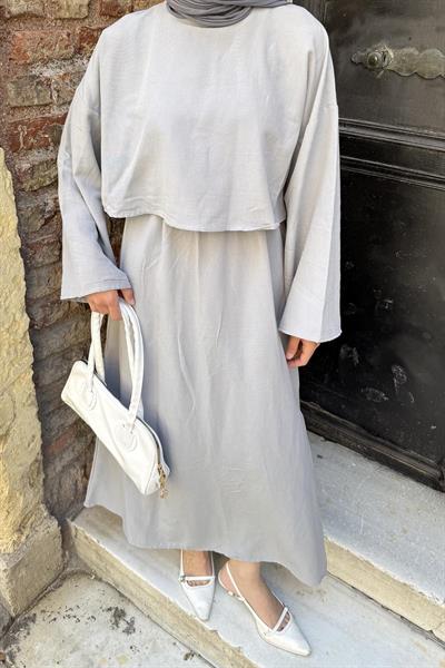 Etekli Tesettür Takım Açık Gri