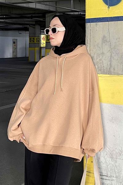 Kapüşonlu Oversize Yan Cepli Sweat Sütlü Kahve