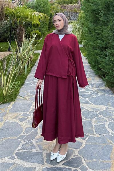 Bağlama Detaylı Etekli Takım Bordo