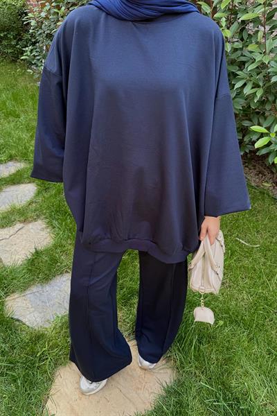 Kapşonlu Pantolonlu İkili Tesettür Takım Koyu lacivert