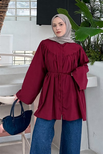 Bağlama Detaylı Tesettür Gömlek Bordo