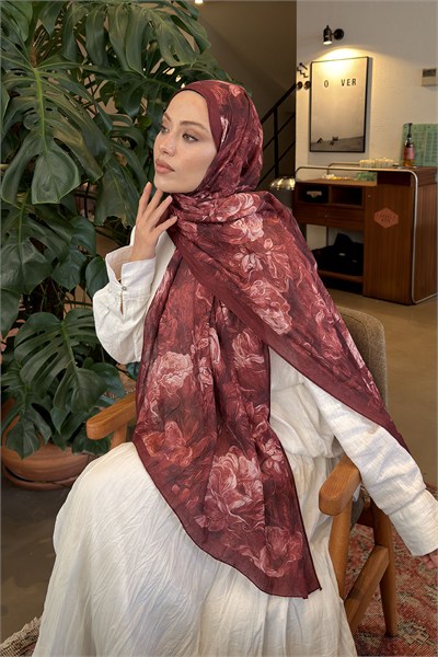 Vintage Flower Desen Bambu Şal Koyu Bordo