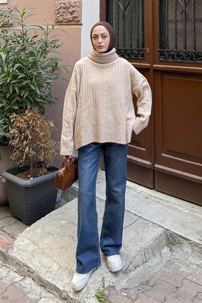 Balıkçı Yaka Kazak Bej