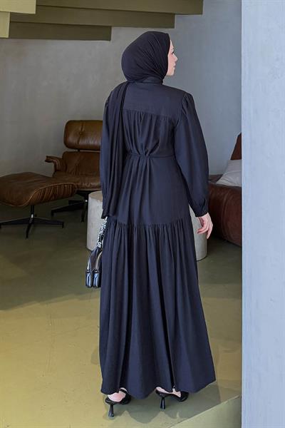 Bağlama Detaylı Tesettür Elbise Siyah