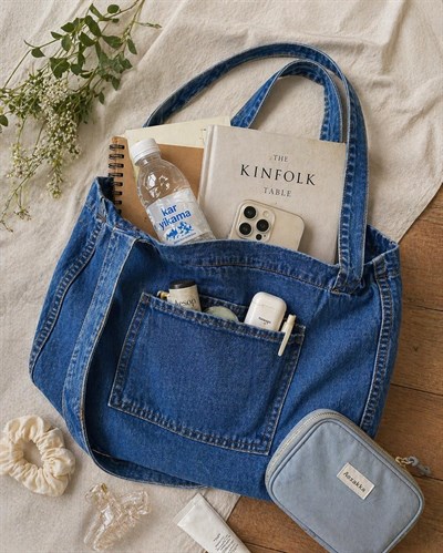 Kadın Anton Çift Cepli Cırtlı Çanta Mavi