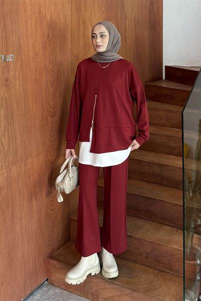 Fermuarlı Garnili Takım Bordo