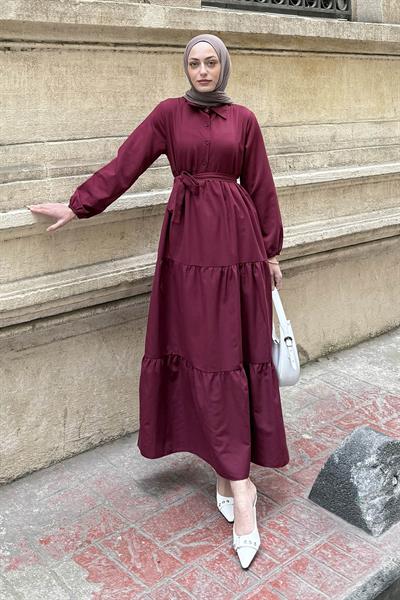 Yarım Düğme Detaylı Terikoton Elbise Bordo