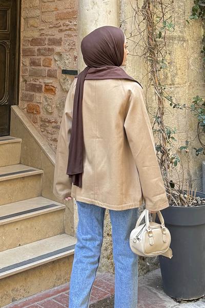 Yaka Detaylı Düğmeli Gabardin Ceket Camel