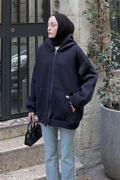 Kapüşonlu Oversize Yan Cepli Sweat Lacivert
