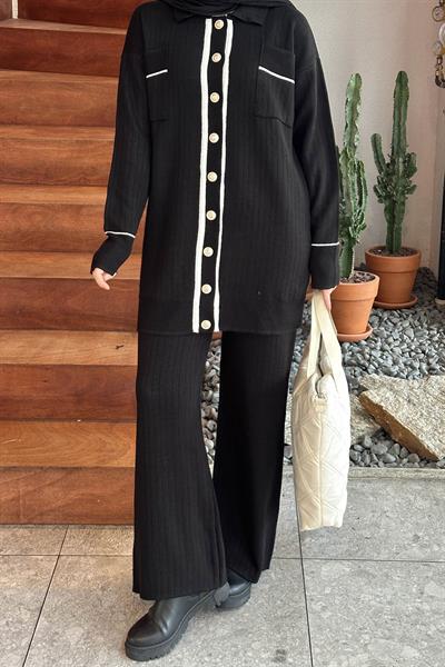 Cep Detaylı Garnili Triko Takım Siyah