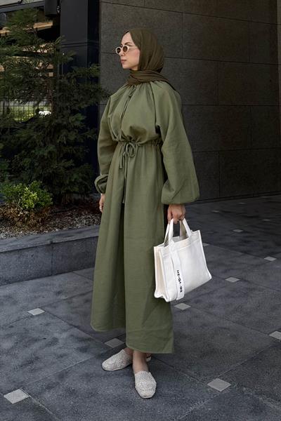 Balon Kol Bağlamalı Tesettür Elbise Haki