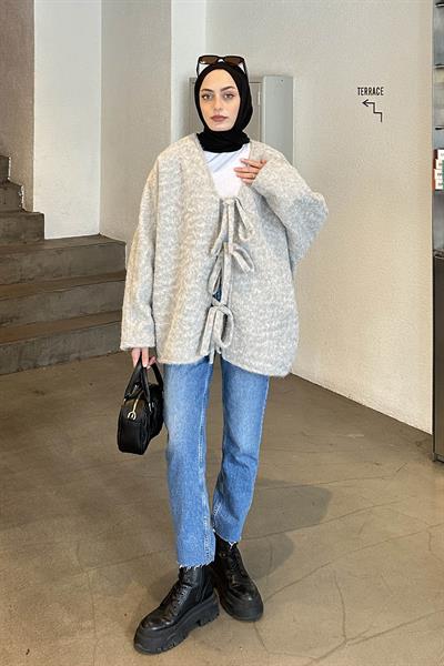 Bağlamalı Kaşe Kimono Gri