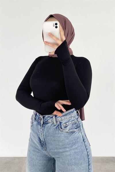 Eldiven Detaylı Balıkçı Yaka Body Siyah