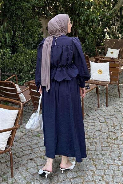 Büzgü Detaylı Tesettür İkili Takım Lacivert