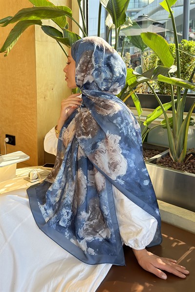 Gül Çiçek Desen Lara Soft Şal Kot Mavisi