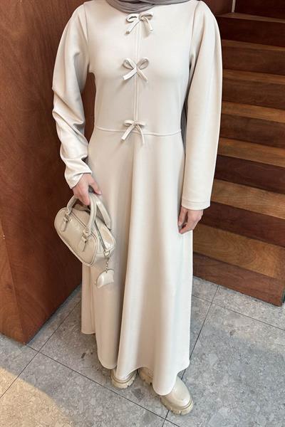 Kurdela Detaylı Scuba Elbise Krem